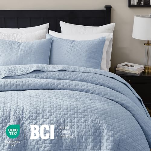 Image of PALASSIO Baby Blue 100% Cotton Quilt Queen Size Bedding Sets with 2 Pillow Shams, Textured Lightweight Soft Bedspread Shabby Chic Coverlet, Neutral Quilted Comforter Bed Cover for All Season, 3 Pieces