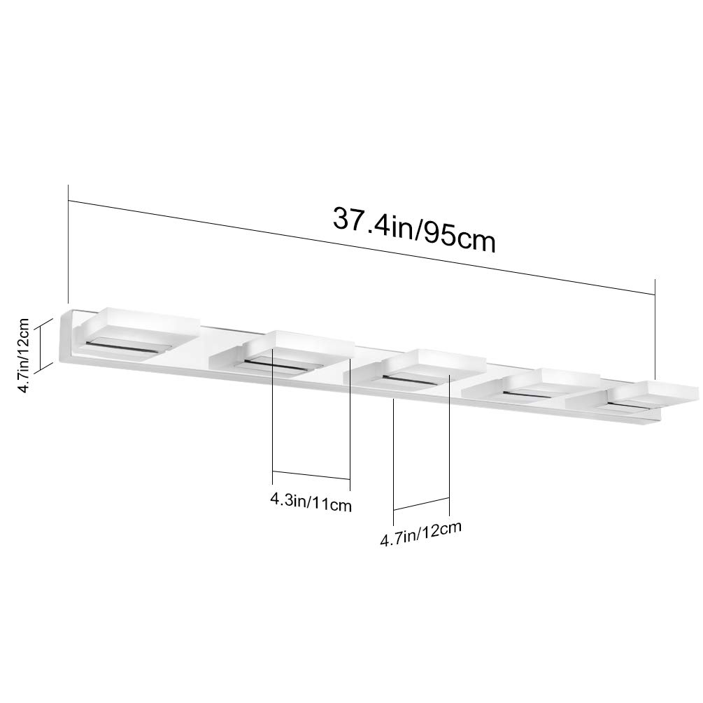 Klighten Lámpara LED de Espejo 20W 1300LM Lámpara de Baño, Blanco Frio 6000K Lámpara LED de Pared Luz de Gabinete IP44 Luz de Espejo de Baño de Acero Inoxidable 95CM