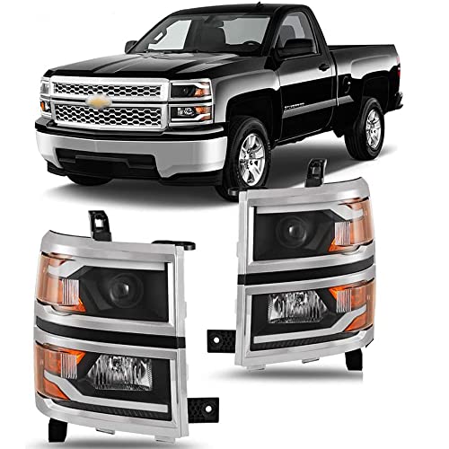 Winjet Projector Headlights Assembly for 2014 2015 Chevrolet Silverado 1500, Functional Headlamps w/LED DRL+Dual Beam+Sequential Turn Signal Lights+Amber Reflector, Headlights Replacement 1 Pair