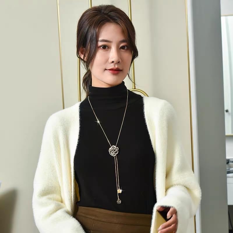 Vintage Black Enamel CZ Rose Flower Pendant Long Lariat Y Necklace for Women Crystal Fashion Statement Tassel Drop Elegant Sweater Adjustable Snake Chain Wedding Jewelry for Her 33'' - Image 6