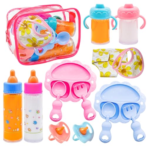 Jgalnim 15 PCS Baby Doll Accessories Magic Bottle Set,Pretend Play Feeding Toys,Doll Feeding Set with Package for Kids,Girls,Party,Gift