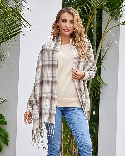 Fuinloth Women's Large Plaid Scarf Fashion Long Shawl Wrap for Winter Warm Lightweight Khaki - Thumbnail 7