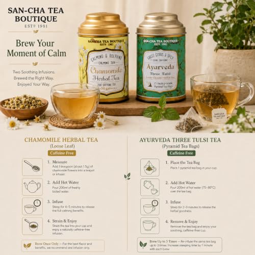 Image of Sancha Tea Boutique, Tea Combo Pack: Chamomile Herbal Tisane (50g) & Tulsi Herbal Tisane (25 Pyramid Bags), Ayurveda Blends, Caffeine Free Tisanes