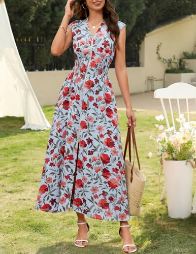 MEROKEETY Women's Summer Sleeveless Floral Maxi Dress 2026 Boho Casual Flowy Zipper V Neck Split Beach Dresses, Bluered, Small — view 4