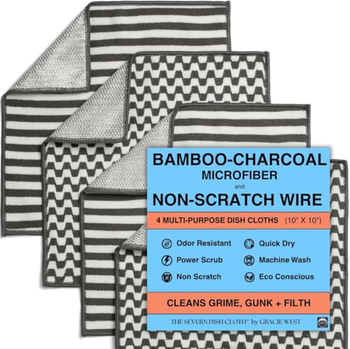 Severn Dish Cloths for Washing Dishes 4pk. Odor-Resistant Dish Rags with Non-Scratch Wire Scrubber Side for Kitchen Cleaning. Grime-Fighting Bamboo-Charcoal Microfiber 2-Sided Dishrags. Machine Wash