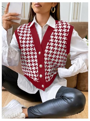 Image of Verdusa Women's Button Front V Neck Sleeveless Houndstooth Print Knitted Sweater Vest Burgundy Medium