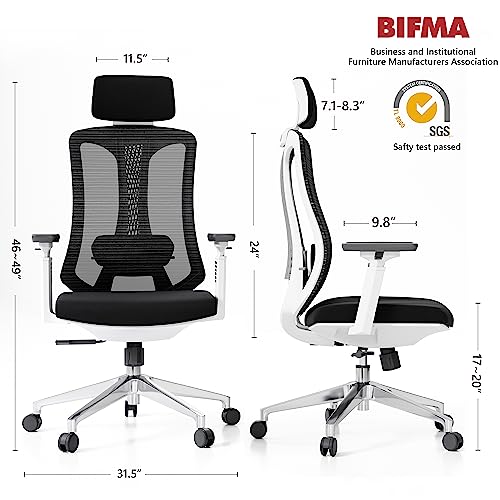 Fradiett Ergonomic Office Chair, High Back Desk Chair With 3D Armrest, Adjustable Lumbar Support & Headrest, Thick Seat Cushion, Mesh Computer Chair With Tilt Function, White Executive Swivel Chair #TOP6