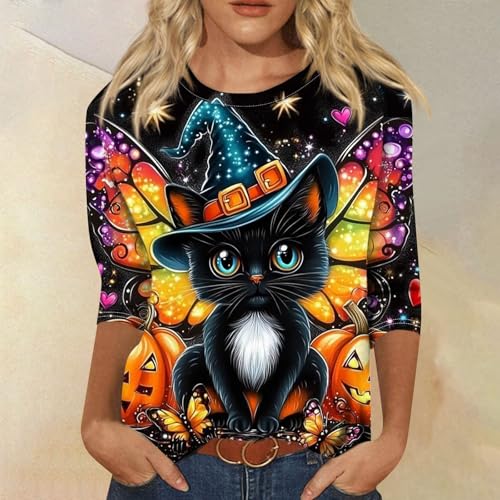 Cute Funny Halloween Shirts for Women Plus Size 3/4 Length Long Sleeve Womens Tops Witch Gothic Renaissance Shirt
