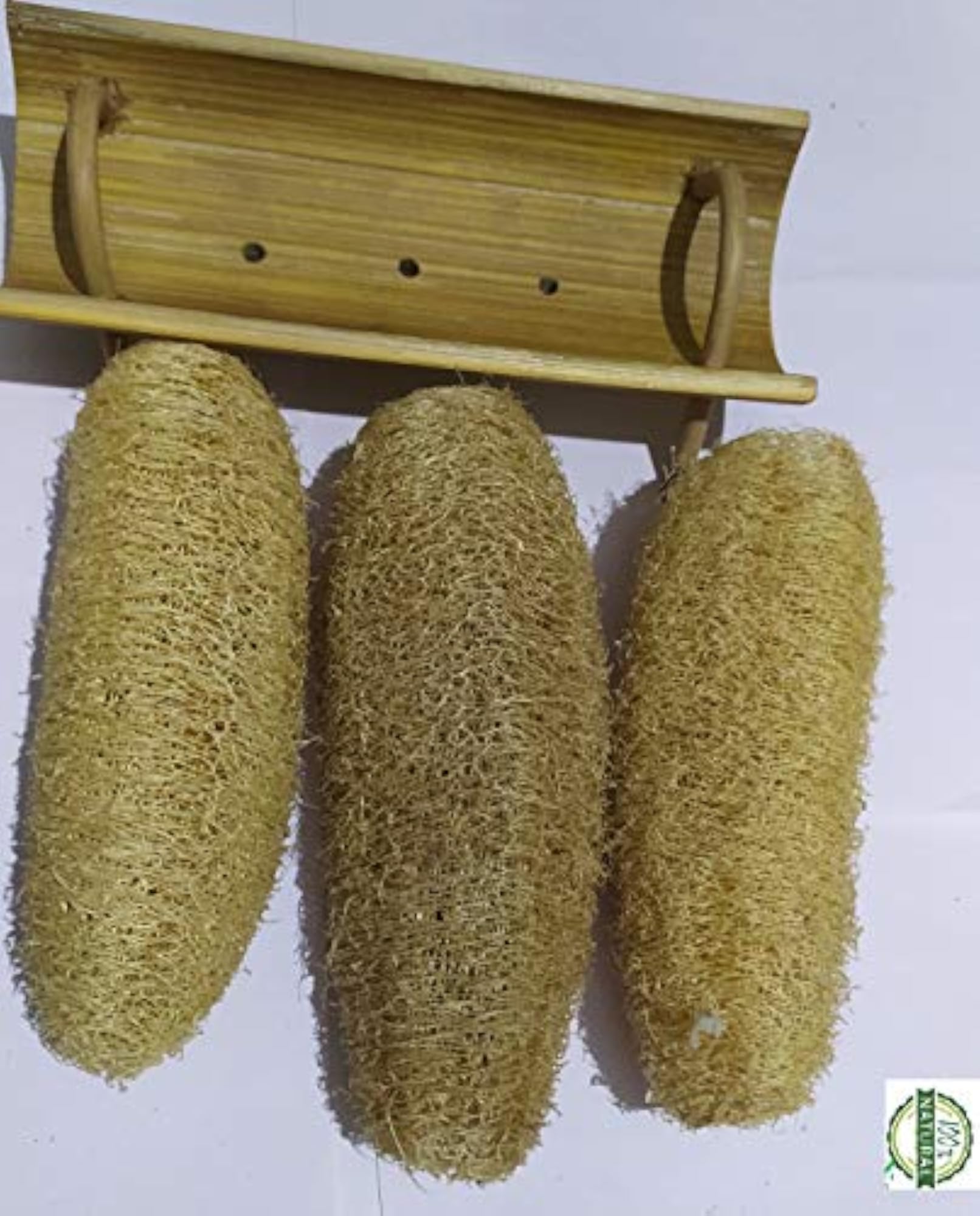 Natural Loofah Set of 3 with Bamboo Stand, Eco-Friendly Gift