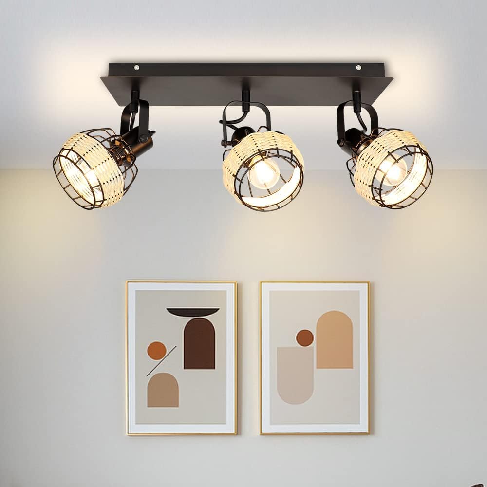 Depuley Ceiling Track Light Fixture: 3-Light Rattan Led Track Lighting Kit - Flush Mount Wall or Ceiling Spotlights Flexibly Adjustable Decorative Accent Lamp for Kitchen Living Room Bedroom Hallway