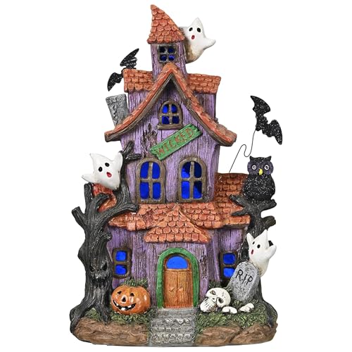 Valery Madelyn Halloween Decorations Lighted Halloween Village Houses with LED Lights Resin Spooky Town Happy Haunted House for Home and Party Table Desk Mantel 9 Inch