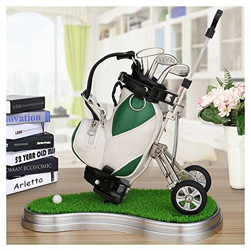 10L0L Mini Desktop Golf Bag Pen Holder with Lawn Base and Golf pens 6-Piece Set of Golf Souvenir Tour Souvenir Novelty Gift (Green and White)