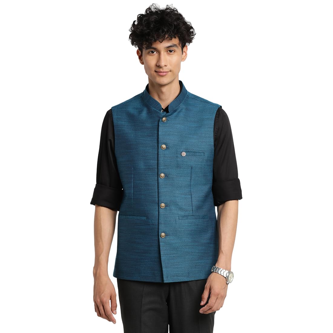 turtle Men Poly Viscose Teal Blue Solid Party Nehru Jacket-picture-16