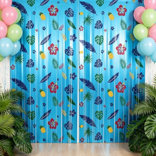 Image of TONIFUL 2Pcs Blue Hawaiian Metallic Tinsel Foil Fringe Curtain Streamer