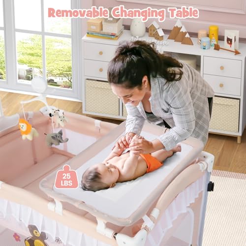 Image of BABY JOY 4 in 1 Pack and Play with Canopy, Portable Baby Playard with Bassinet, Double-Layer Baby Crib, Wheels & Brake, Foldable Baby Girl Pink Bassinet from Newborn to Toddler