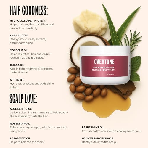 Image of Overtone Semi Permanent Hair Color Conditioner, Raspberry Pink, 8 oz, Nourishing, Damage-Free, Color Depositing Mask for All Hair Types with Shea Butter & Coconut Oil, Vegan & Cruelty-Free
