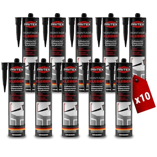 PRITEX – Profi Montagekleber Weiß 10x 300 ml – Baukleber für Holz-Paneele, Kabelkanäle, Sockelleisten, Styropor, Fliesen, Beton uvm. – haftstarker Universalkleber auf Acrylatdispersion-Basis für innen