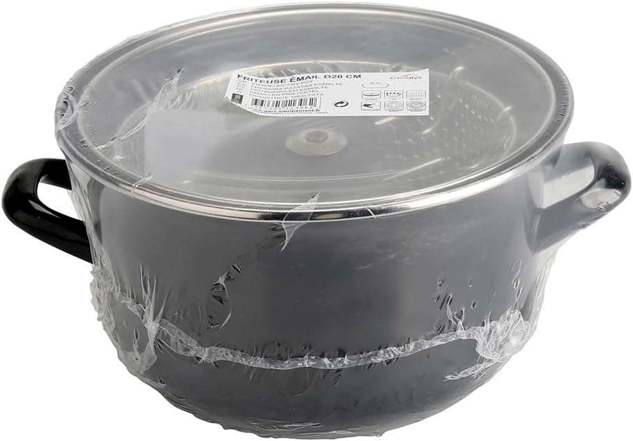 545413 Traditional Deep Fryer Enamelled Steel Black Diameter 26 cm with Tin Plated Basket and Glass Lid Suitable for All Heat Sources Including Induction