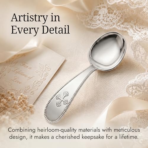 Image of Beaded Cross 925 Sterling Silver Baby Feeding Spoon | Food grade, engravable, gift boxed, baby shower, christening