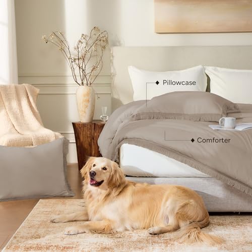 Image of Andency Comforter Full Size Set Khaki, 3 Pieces Boho Winter Lightweight Bedding Comforter Sets, All Season Tassel Bed Set (79x90In Comforter & 2 Pillowcases)