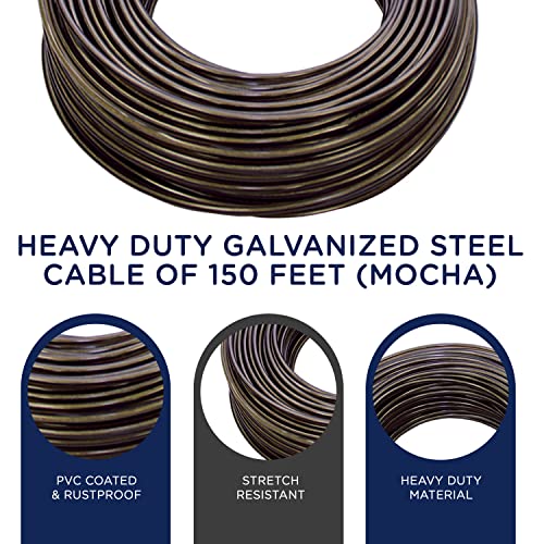 Strata Urban Grey Harmony Clothesline Outdoor Heavy Duty Kit - 150 Feet Galvanized Wire Mocha Pvc Coating, 6.5" Clothesline Pulley 2Pcs, Metal Mini Winch Tightener 1Pc & 2 Metal Hooks #TOP2