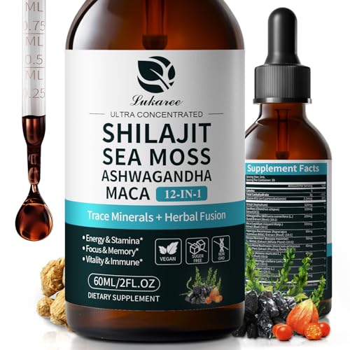 Shilajit Liquid Drops, 12-in-1 Complex - Sea Moss, Ashwagandha, Maca, Fulvic Acid, Trace Minerals, Liquid Vitamins Supplement for Men and Women, Energy, Antioxidant, Immune Support, 60ML/2 FL Oz