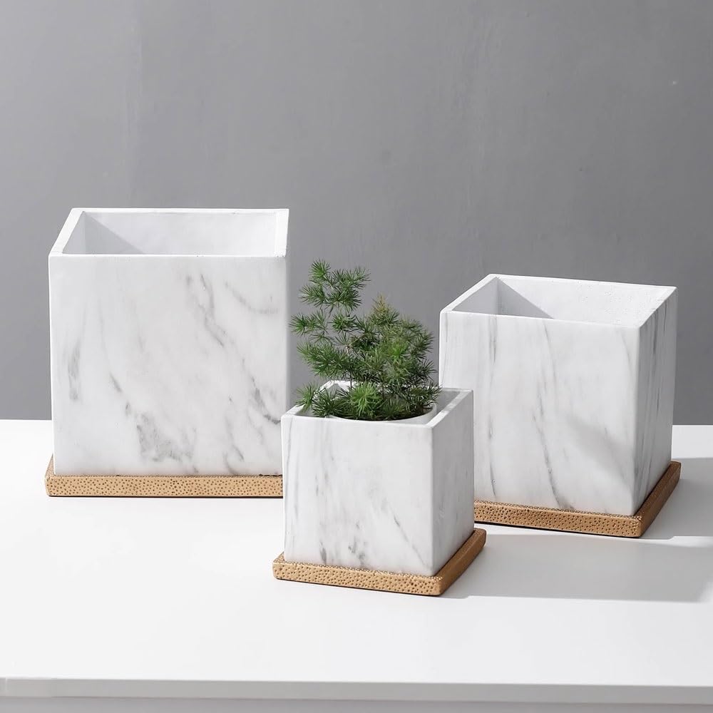 macetas para plantas Doniczka w kształcie kwadratu z kamieniem, doniczka ceramiczna podstawkami, tace i otwór drenażowy, na balkon salon kuchnia ogród(Duży)