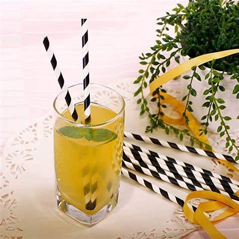 Black And White Drinking Straws Paper, Biodegradable Black Striped Paper Straws For Juice, Ice Coffee, Smoothie (100 Count). #TOP3