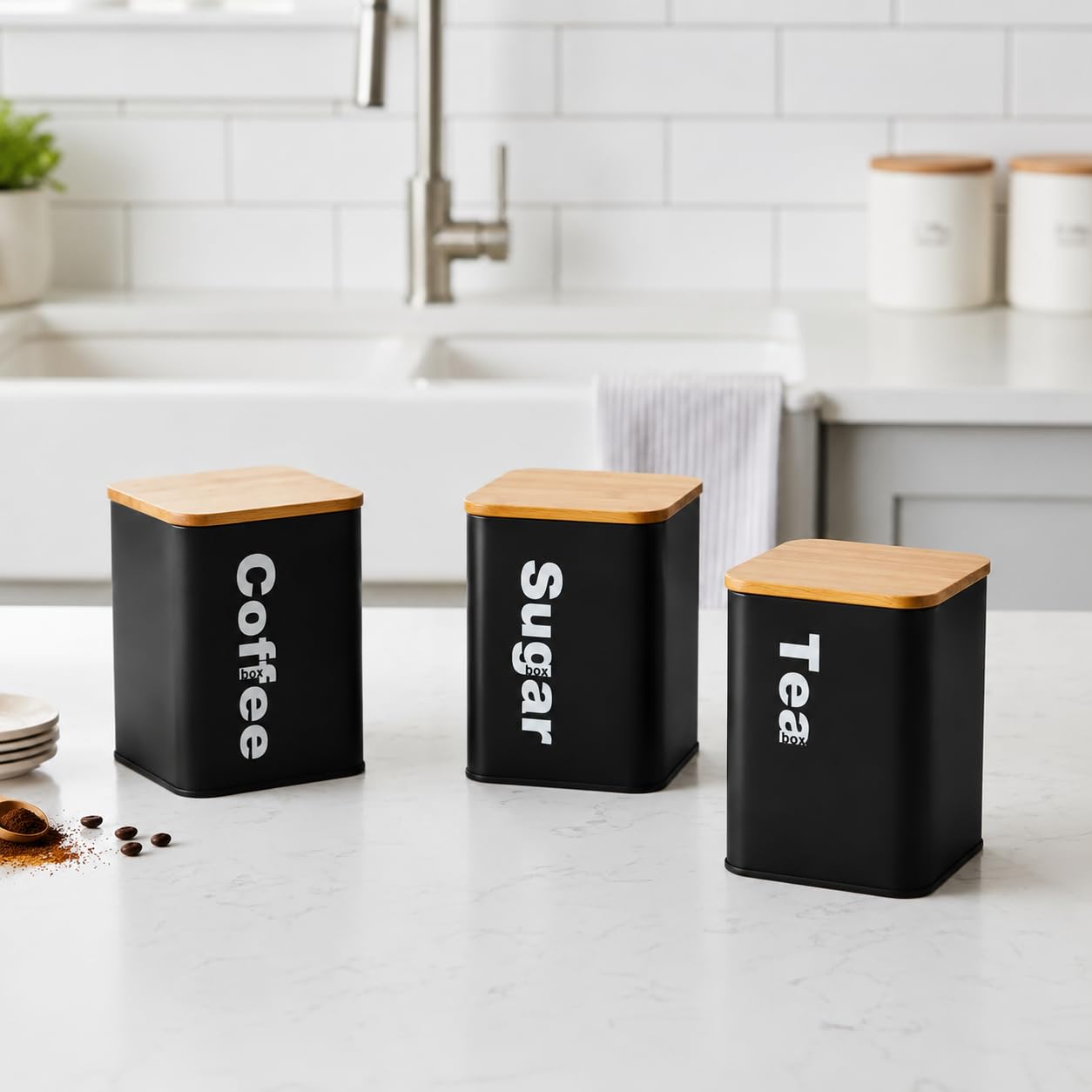 Almineez - Tea Coffee Sugar Jar Canisters - Bamboo/Metal - Black