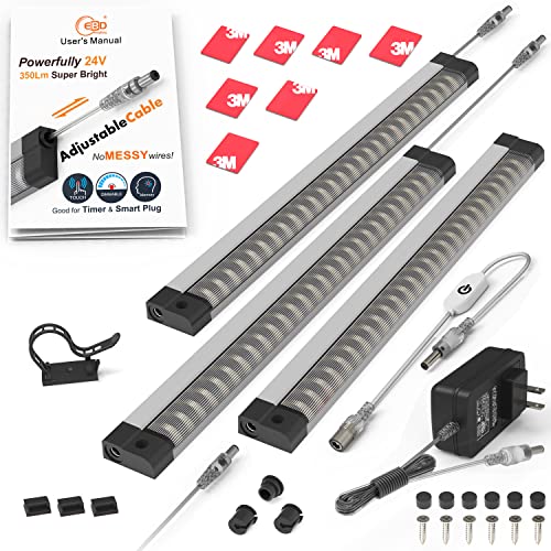 EBD Under Cabinet Lights Built-in ADIUSTABLE Cable LED Light Bar No Messy Wires! Touch Under Counter Lights for Kitchen 3Pcs 6500K Cool White 1350Lm Under Cabinet Lighting Good for Timer Smart Plug