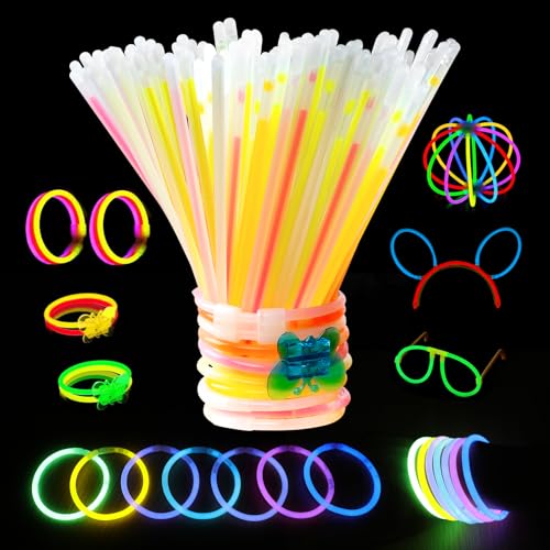 Barras Luminosas – 100 Pulseras Fluorescentes con 122 Conectores y Accesorios para Gafas y Diademas, Kit Neón para Crear Collares, Regalo para Niños y Adultos, Fiesta, Boda, Cumpleaños, Navidad