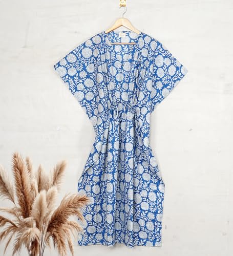 INDACORIFY Floral Print Kaftan Dress 100% Cotton Printed Long Caftan Cotton Night Bikini Coverup Maxi Gown Summer Tunic3