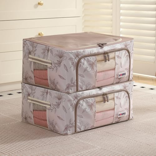 Image of HOKIPO 44L(M) Wardrobe Organiser for Storage of Clothes, 600D Oxford Fabric Storage Box, Latte Floral Pack of 2 (AR-6485-LBR*2)