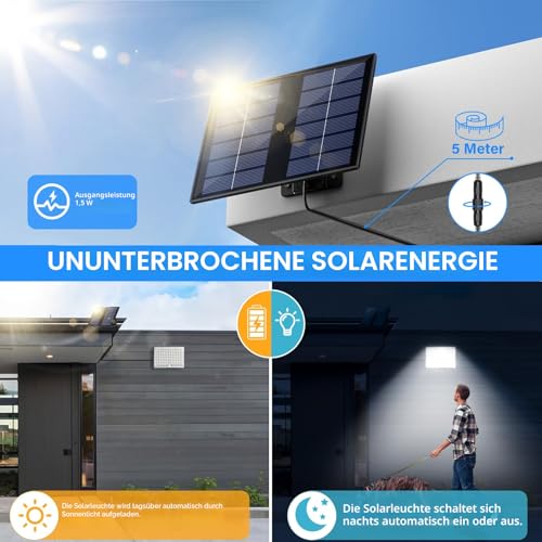 Realky Solarlampen für Außen,Solarleuchte mit Bewegungsmelder,113 LED Solar Strahler IP65 Wasserdichte Solar-Split Wandleuchte mit 5m Kabel für Garage, Garten, Hof, Stufen, Haustüren, Rasen - 1 Stück