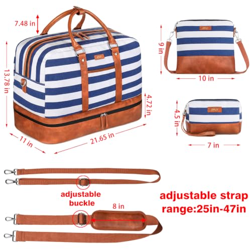 Image of Weekender Bag for Women, Large Overnight Bag Canvas Travel Duffel Bag Carry On Tote with Shoe Compartment 21 inch 3Pcs Set, A14-brown+blue & white stripes, Large