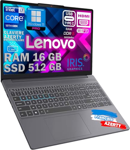 Lenovo IDEAPAD Ordenador Intel i7-13620H 10 Corazones 4.9Ghz, Teclado retroiluminado AZERTY, RAM 16GB DDR5, SSD 512 GB, pantalla 15,6 FULLHD, WiFi6E certificado, 1920x1200 300nits, Windows 11 Pro