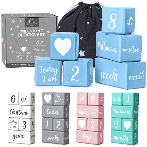 Image of Blue Baby Monthly Milestone Blocks. Baby Age Blocks for Girl or Boy Baby Photo Props and Baby Shower. Month Baby Milestone Blocks with Grammatically Correct Month and Year
