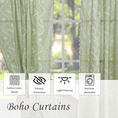 Image of Schweek Boho Curtains 63 Inches Length 2 Panels for Living Room Sage Green | Linen Semi Sheer, Vintage Floral Bohemian Tassel Western Farmhouse Curtain Drapes for Bedroom, Dining Room, Kitchen 52 inchx 63 inch