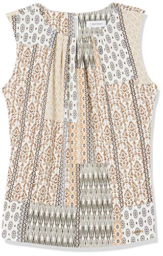Calvin Klein Women's Printed Pleat Neck Cami, Multi Luggage, Large