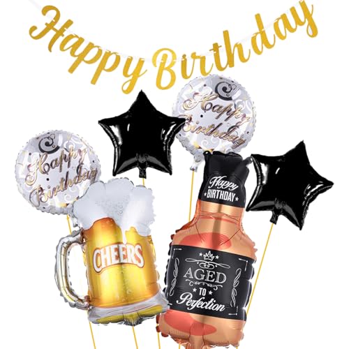 Image of Beer Cup Balloons Whiskey Bottle Beer Mug Shape Mylar Foil Balloon Latex Black Balloon Golden Banner Summer Party, Beer Festival, Birthday Party (Banner + beer balloon)