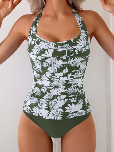Image of Eomenie Womens Halter Tankini Bathing Suit Ruched Tummy Control Two Piece Swimsuit with Bottom
