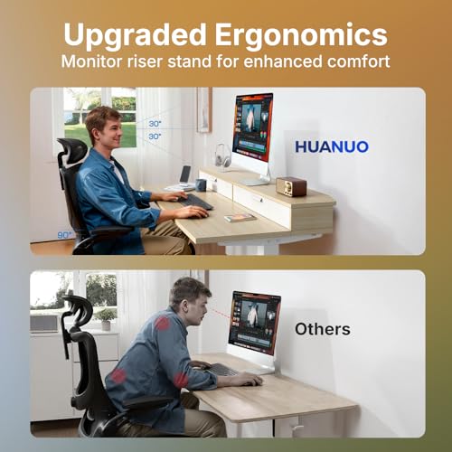 Image of HUANUO 32 inch X 21 inch Electric Standing Desk with 2 Drawers, C-Clamp Mount Compatible, Height Adjustable Computer Desk, Home Office Stand Up Desk with 4 Preset Heights & 2 Hooks, Light Walnut