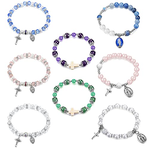LOLIAS 8Pcs Rosary Beads Catholic Stretch Bracelets for Women Crystal Cross Bracelet with Crucifix Medal
