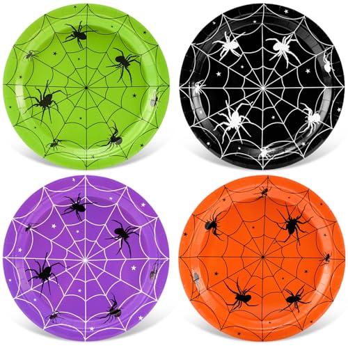 Whaline Halloween Paper Plates Spider Web Party Plates Green Black Purple Orange Disposable Plate for Birthday Holiday Table Supplies, 24 Pcs