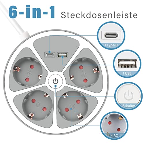 realmade Steckdosenleiste mit 1 USB und 1 Type C, 4 Fach Mehrfachsteckdose mit Schalter Mehrfachstecker Steckerleiste Überspannungsschutz… – Ansicht 3