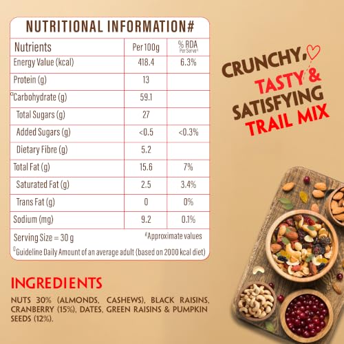 Image of Bagrry's Trail Mix 1kg | 7 in 1 Ingredients | Californian Almonds | Cashews | Cranberries | Dates | Pumpkin Seeds | Green & Black Raisins | High Protein | Source of Fibre | Oil-Free | Non-Salted | Guilt-free Anytime Snack | Dry fruit mix | Mix nuts | Re-usable jar