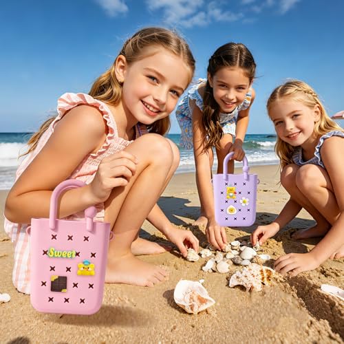 Image of Juyeesm Mini Rubber Beach Bag with Strap & Charms, Waterproof EVA Beach Bag for Girls, Small Rubber Tote Bag for Women