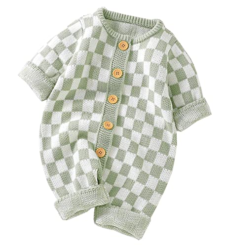 Image of Unisex Baby Girl Boy Knitted Romper Jumpsuit Checkerboard Plaid One Piece Button Down Sweater Playsuit Clothes
