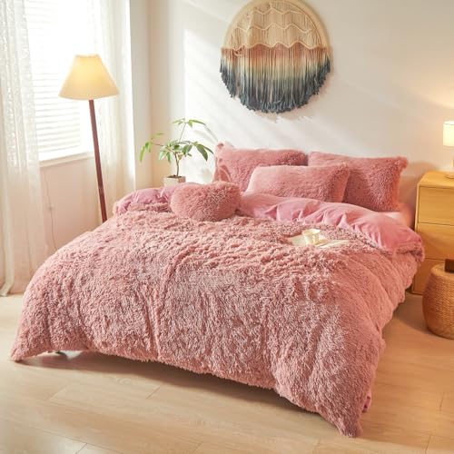 Shaggy Fluffy Old Pink Comforter Cover Queen Set – Faux Fur Shaggy Old Pink Bedding 3-Piece Set (1 Duvet Cover + 2 Furry Pillow Shams) Cozy Bed Set