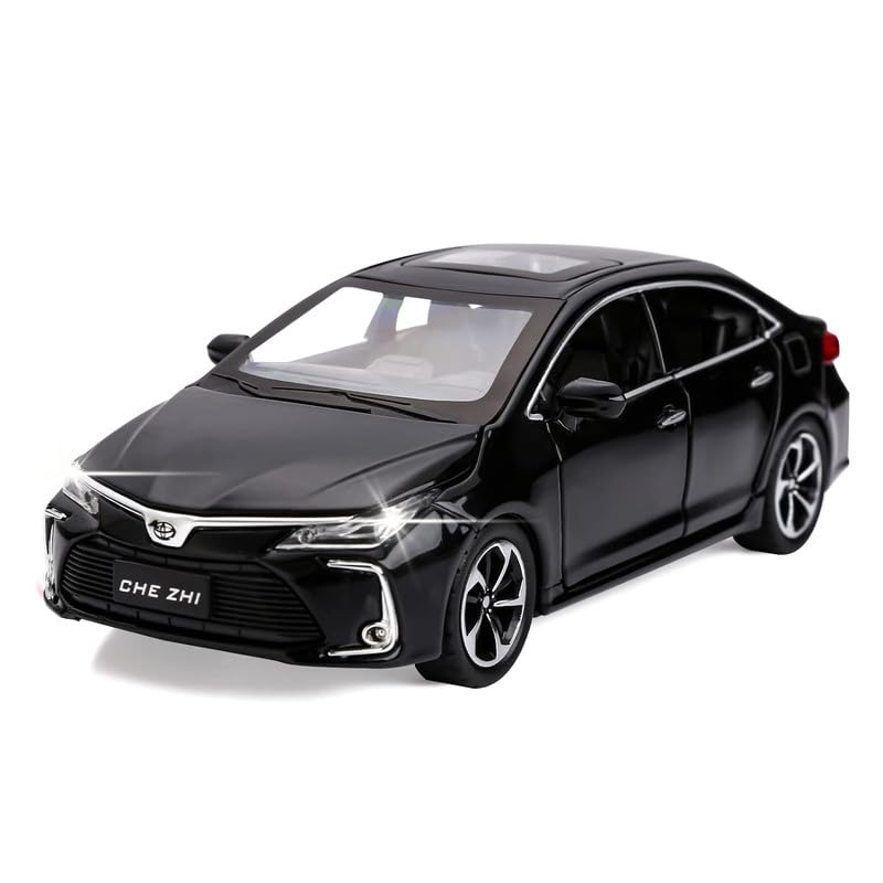 Image of Kids Model 1:32 Corolla Die Cast Metal Car Pull Back Action Opening Doors with Realistic Engine Sound Lights Toy Car Gift for Boys - Black